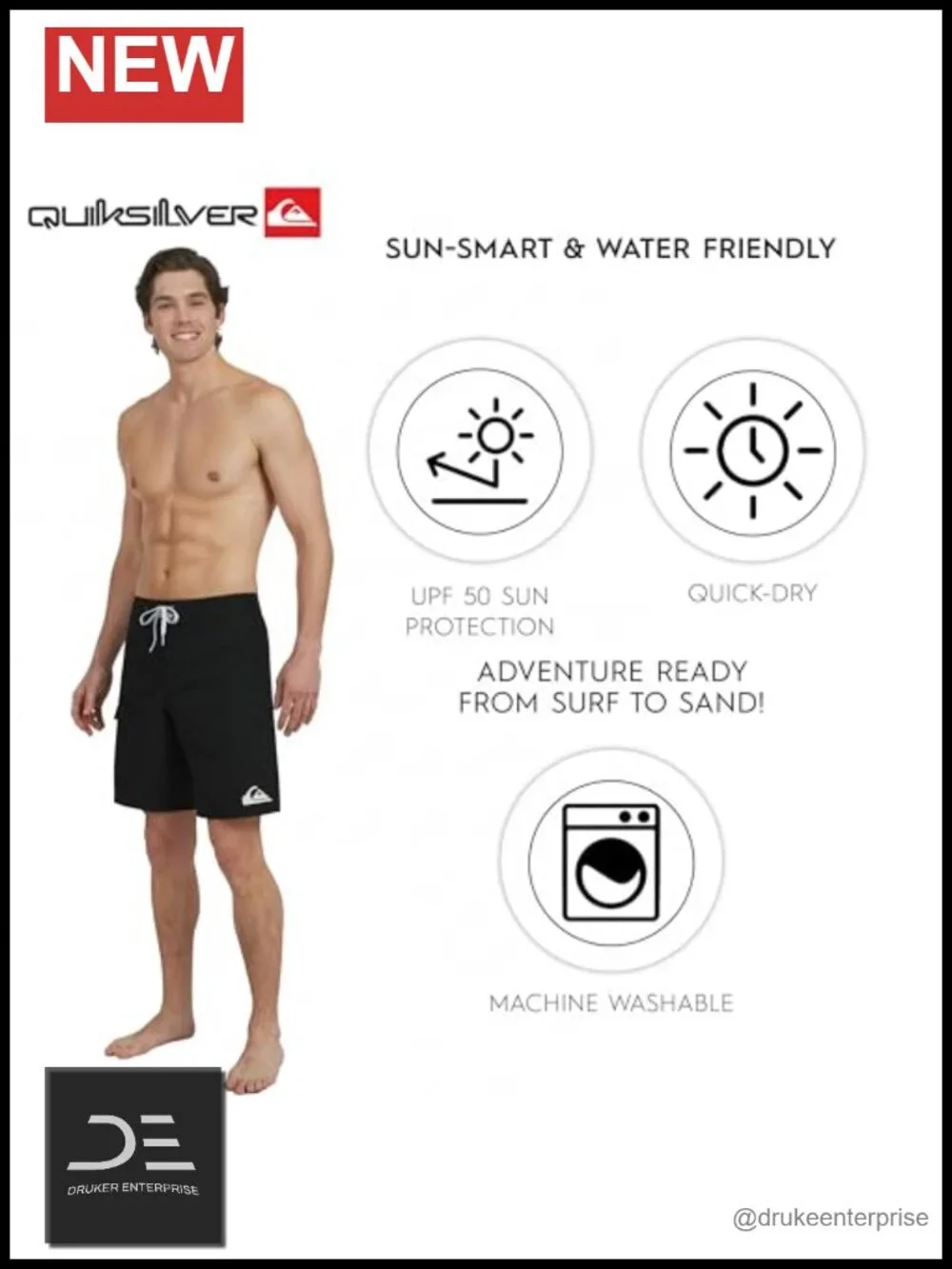 UPF 50 Quick Dry Board Shorts Regular Fit Fixed Waist Velcro Fly Drawstring